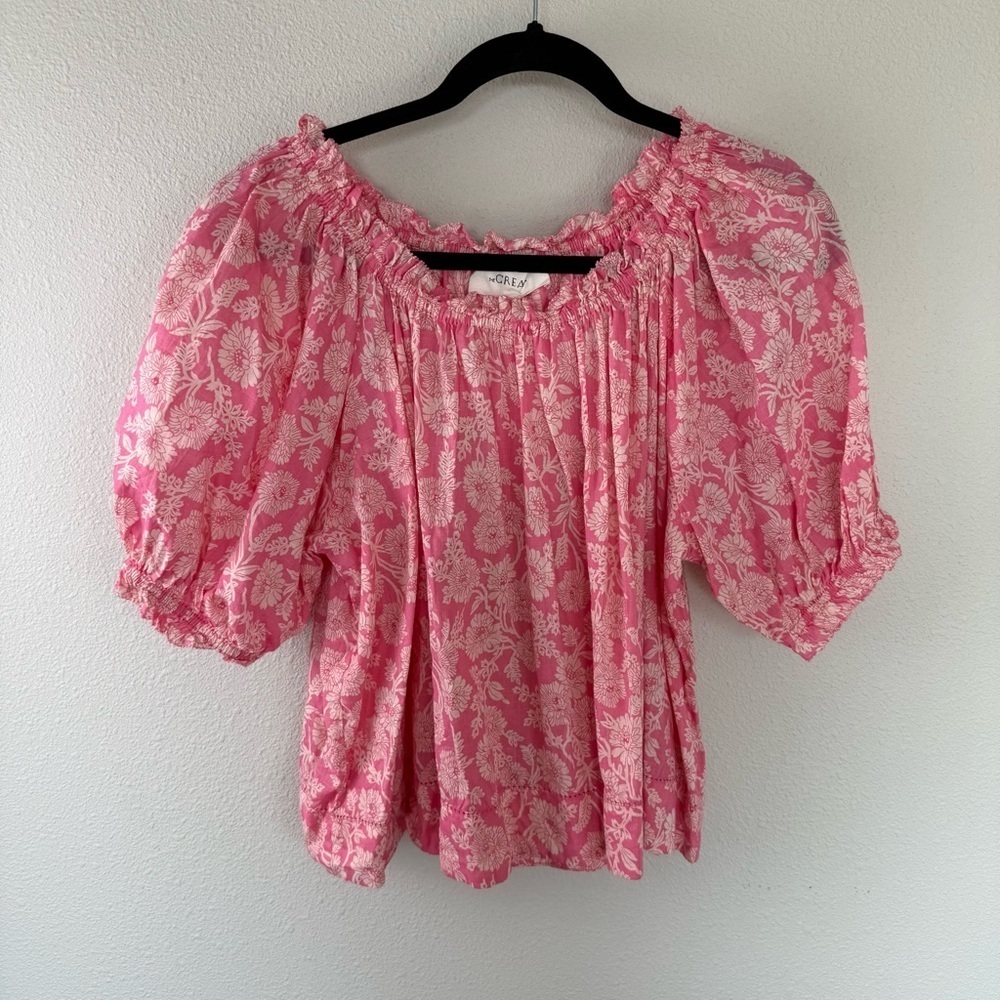 THE GREAT Garland Puff Sleeve Top Bright Rouge Wild Brush Floral Pink Women’s M - Picture 4 of 13
